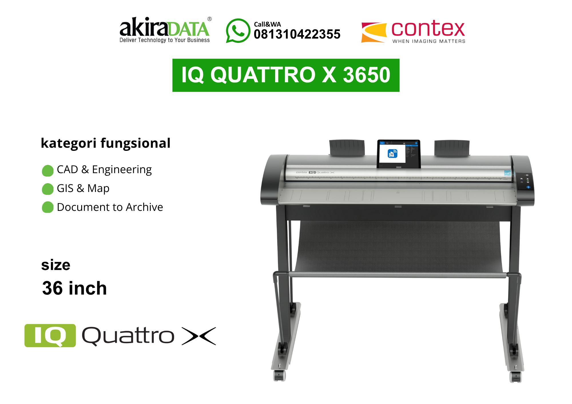 Scanner Contex IQ Quattro X 3650 – Pemindai full color format besar (36 inci) berkecepatan tinggi untuk CAD & Engineering, GIS & Map, dan kearsipan.
