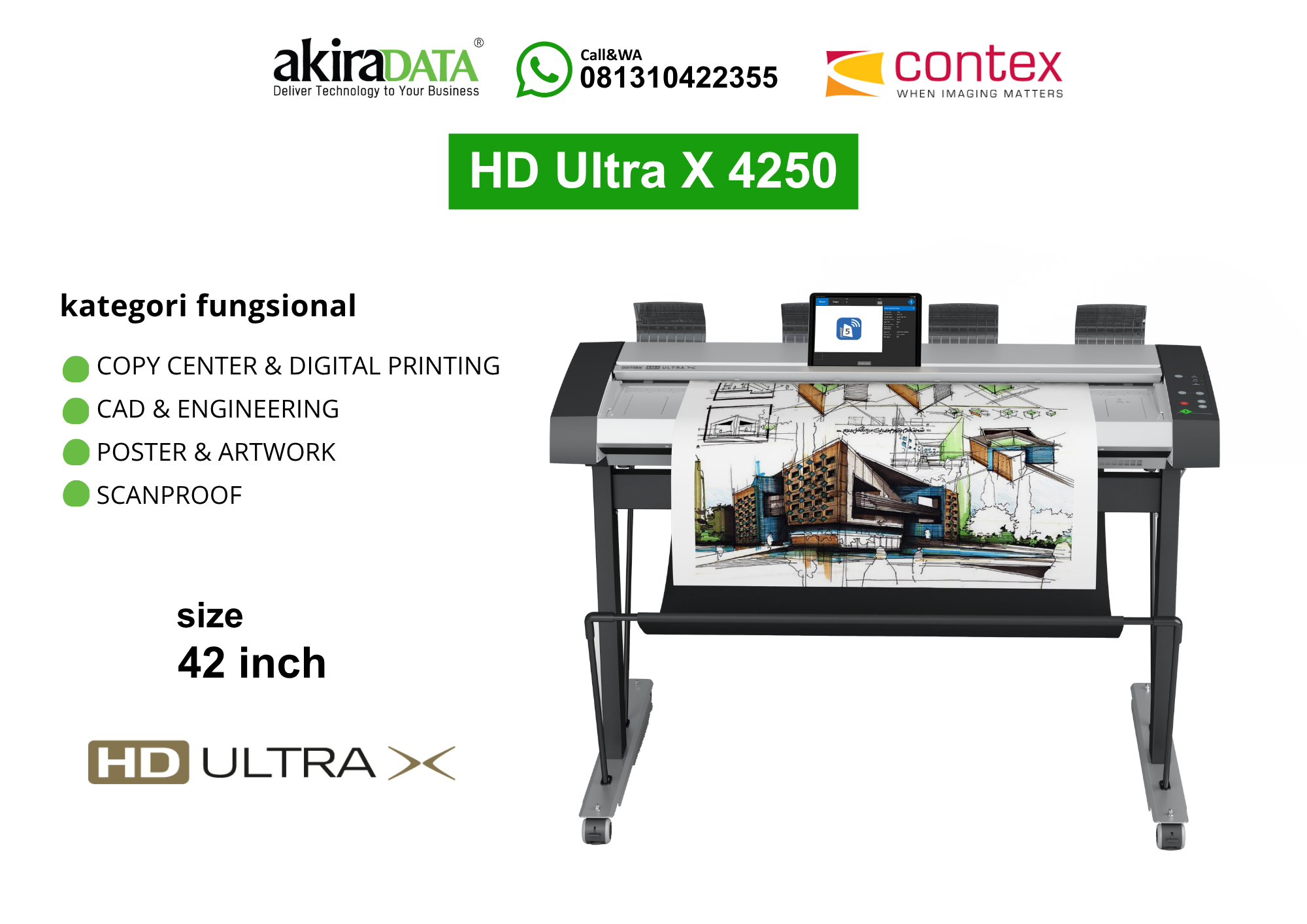 Scanner Contex HD Ultra X 4250 format besar 42 inch untuk pemindaian CAD, engineering, poster, artwork, dan kebutuhan scanproof.