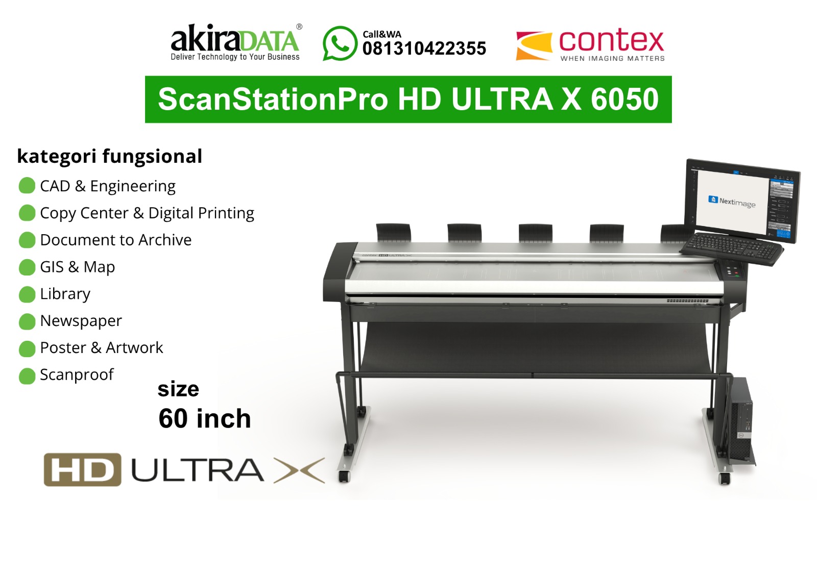 Scanner Contex ScanStationPro HD Ultra X 6050 berukuran 60 inci dengan monitor dan software Nextimage, digunakan untuk pemindaian large format seperti CAD, arsip dokumen, peta, dan artwork.