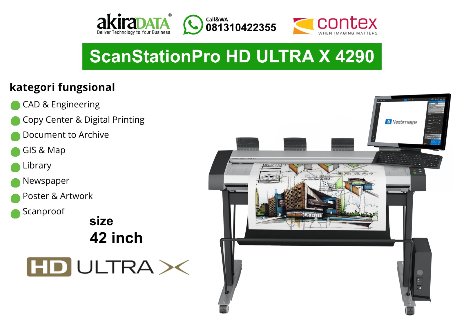 Scanner Contex ScanStationPro IQ Quattro X 4490 ukuran 44 inci dengan monitor Nextimage, untuk pemindaian large format seperti CAD, arsip dokumen, peta, poster, dan artwork.