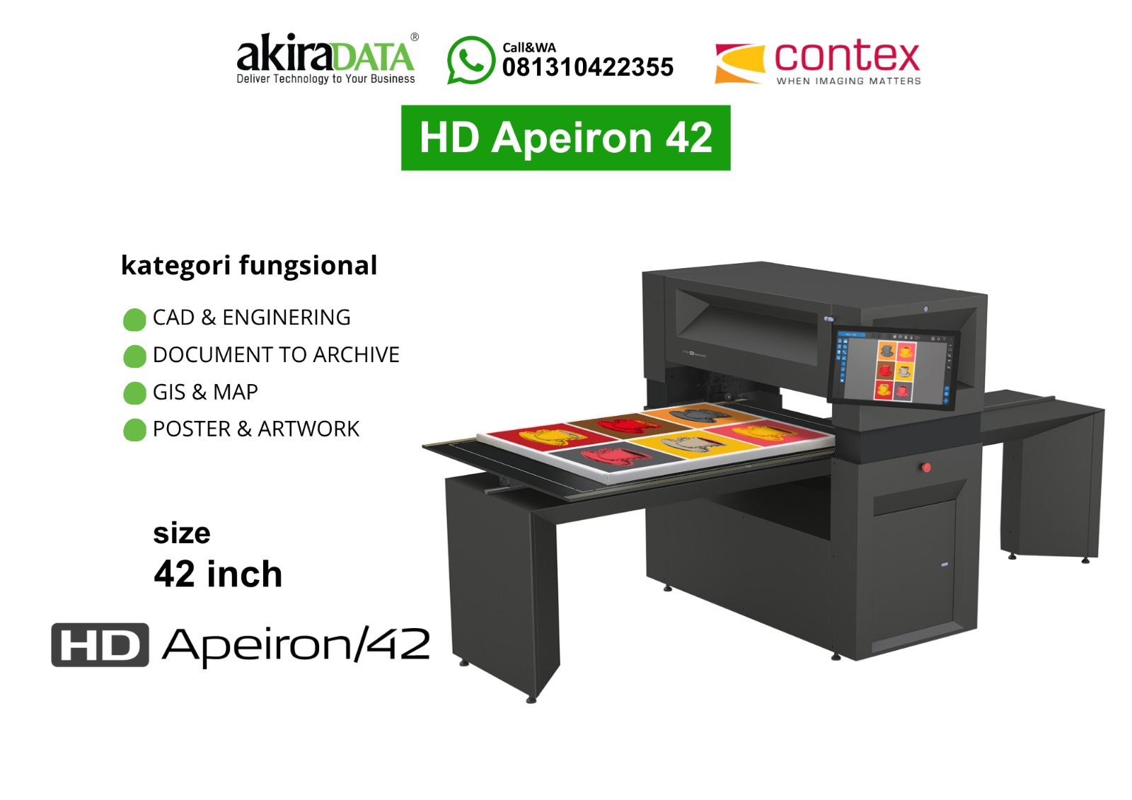 Scanner Contex HD Apeiron 42 melakukan pemindaian large format tanpa kontak untuk karya seni, dokumen besar, dan aplikasi CAD dengan akurasi warna tinggi.