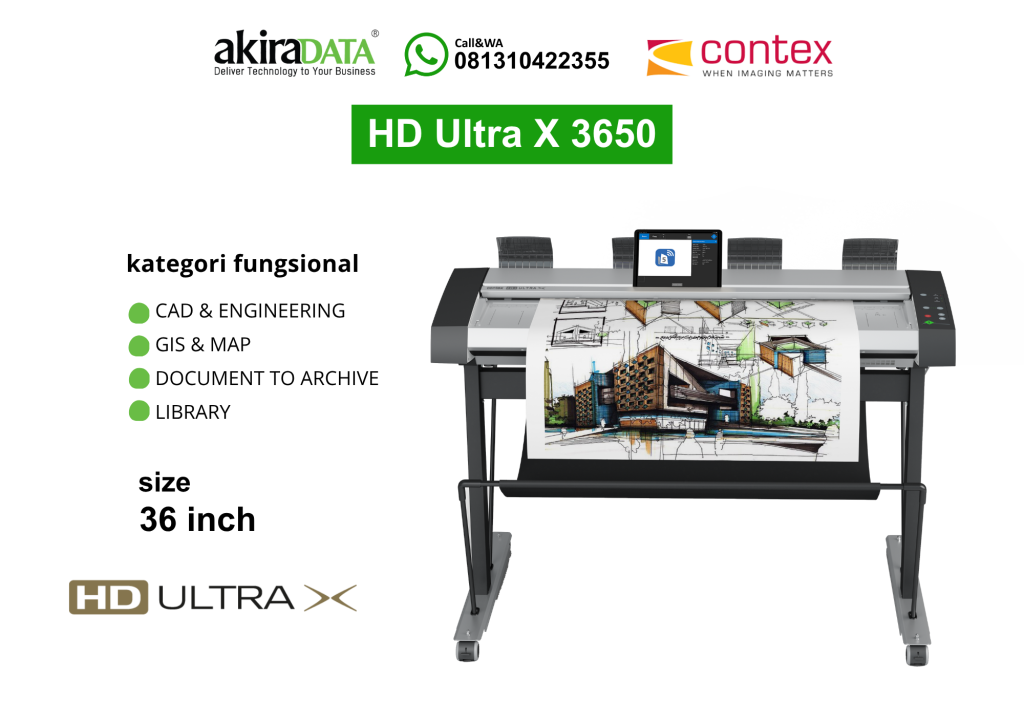 Scanner large format Contex HD Ultra X 3650 ukuran 36 inch untuk kebutuhan CAD, engineering, GIS, peta, arsip dokumen, dan perpustakaan